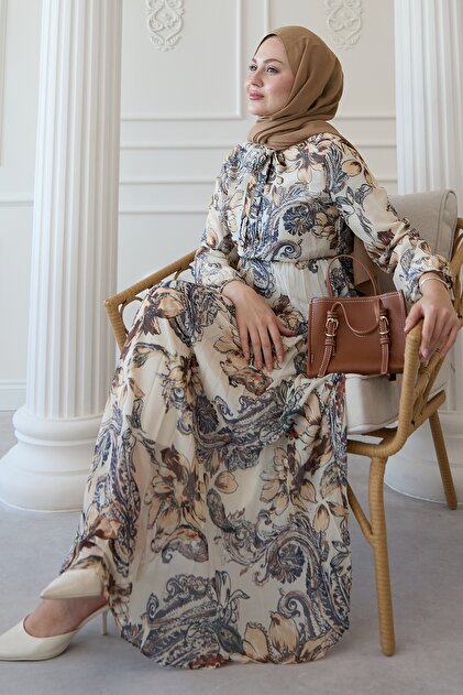 InStyle Serena Flower Pattern Pleated Cream Chiffon Dress- Trendyol