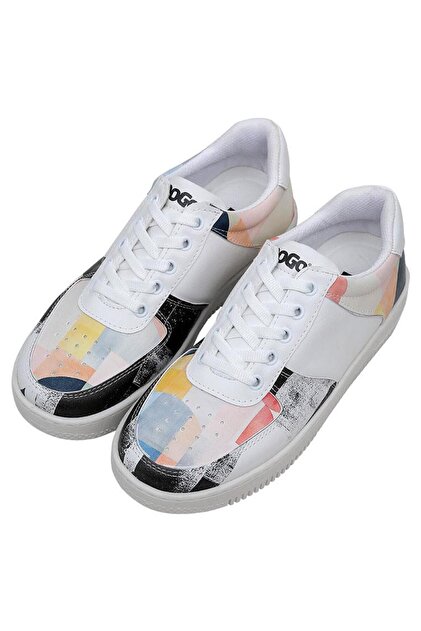 Women's Vegan Leather White Sneakers - Geometric Shapes Design