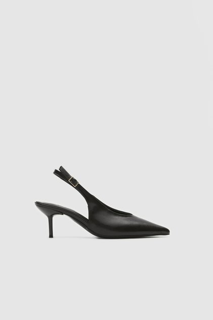 Vexta Black Leather Pointed Toe Open Back Women's Heeled Shoes