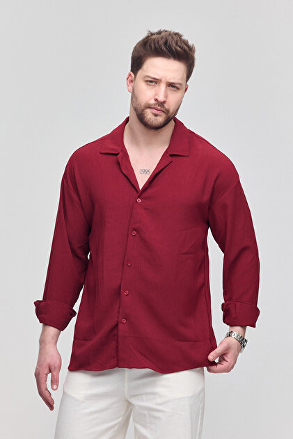 Gray Clothing Men's Summer Shirt Loose Fit Oversize Loose Shirt Long Sleeve  Men's Burgundy- Trendyol