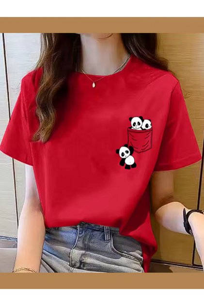Women's Unisex Oversize Combed Cotton T-Shirt Panda Pocket Mini Design Printed Women's T-Shirt Short Sleeve