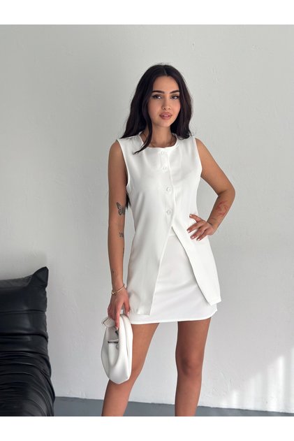 White Crew Neck Sleeveless Vest Mini Skirt Double Fabric Double Set