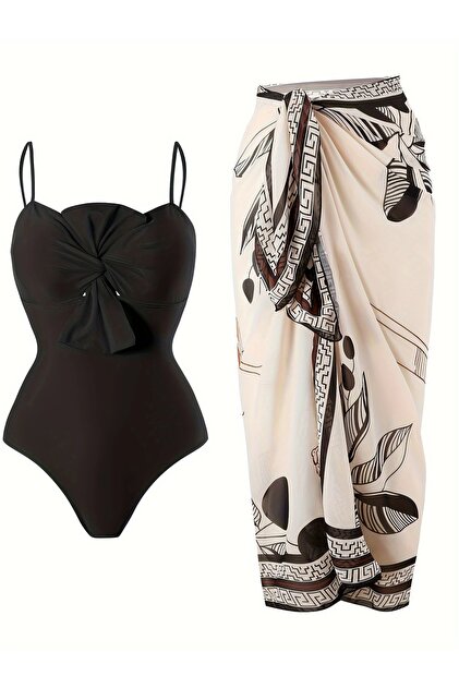 French-Inspired Vintage Two-Piece Pareo Strapless Swimsuit Set with Bowknot Detail Removable Pads