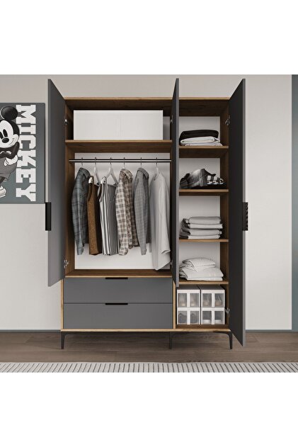 ALONEX HOME Aden 3 Kapaklı Çekmeceli Full Antrasit Gardırop