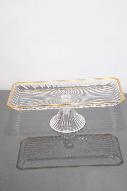 GOLD DETAYLI CAM AYAKLI DİKÇİZGİ DESEN DİKDÖRTGEN SERVİS SUNUM TABAK 30X14X13