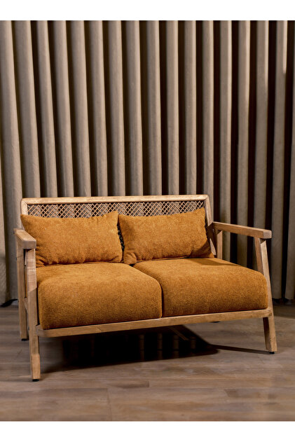 Aberteka Merlin Hazeranlı Venge Ahşap Teddy Hardal İkili Kanepe