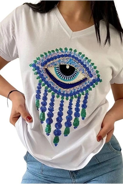 Women's White V-Neck Eyelet Sequin Embroidered 100% Cotton T-Shirt S-M-L-Xl-2Xl-3Xl