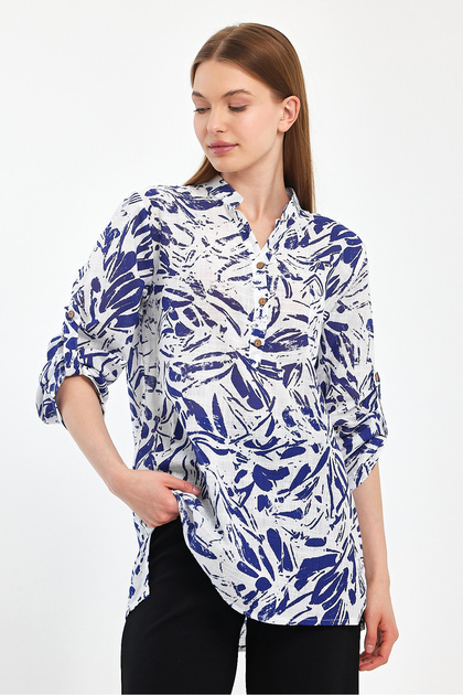 Patterned Long Sleeve Bluz- Half Placket Shirt - Slub - 1540