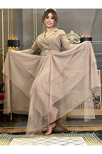 Yeilmoda jacket dress evening dress flared cream embroidered crepe fabric  for special occasions- Trendyol
