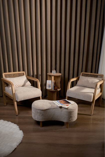 Merda Relax Çay Seti Koltuk Takımı İki Berjer + Sandıklı Puf (Bench) + Yan Sehpa (Kitaplık)