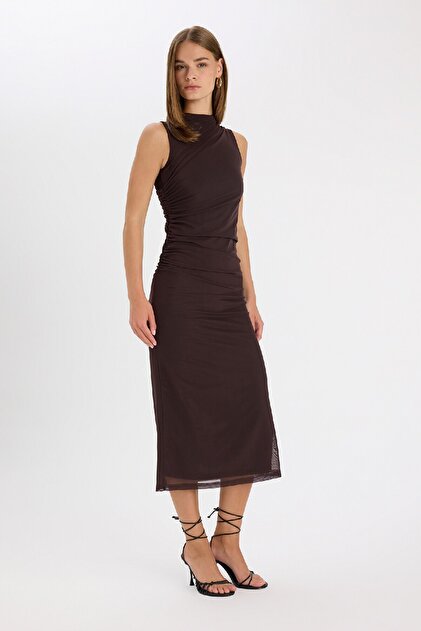 black knee length bodycon dress Off Track Black Bodycon Midi Dress With Sheer Sleeves – Club L London