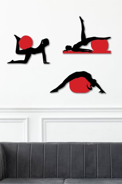 Set de 3 tablouri decorative cu tematică Pilates, roșu - negru