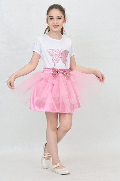 Girl Butterfly Pattern T-Shirt Sequins Bead Detail Pink Skirt Suit April 23 October Show Outfit