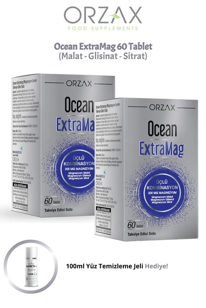 ExtraMag Sitrat-Malat-Bisglisinat Magnezyum Complex 60 Tablet 2 ADET + 100ml Facial Cleanser Hediye