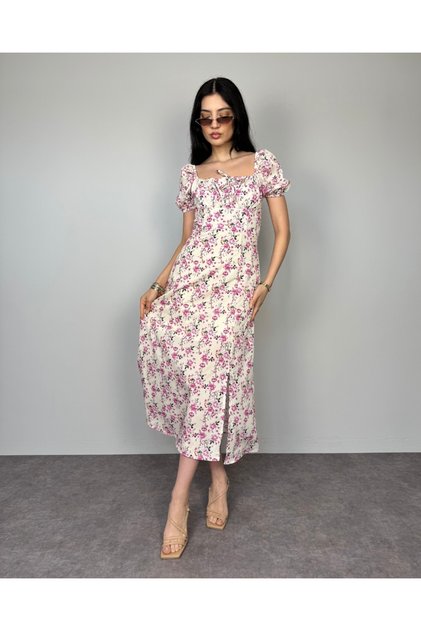 Floral Patterned Collar Lace up Balloon Sleeve Slit Midi Dress