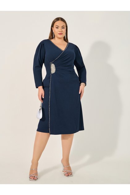 Plus Size Embellished Wrap Look Sheath Midi Dress