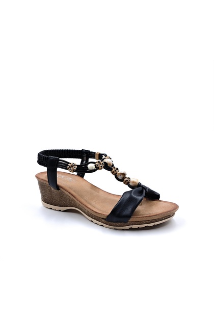 Cork Look Wedge Heel Beaded Black Women's Sandals