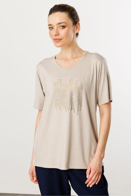 Women's Crew Neck Stone Printed Combed Cotton T-Shirt Beige