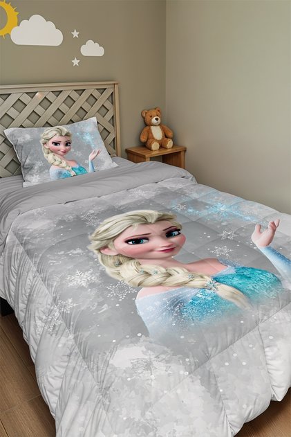Kar Kristallı Gri Elsa Desenli Tek Kişilik Yorgan ve Yastık Kılıfı