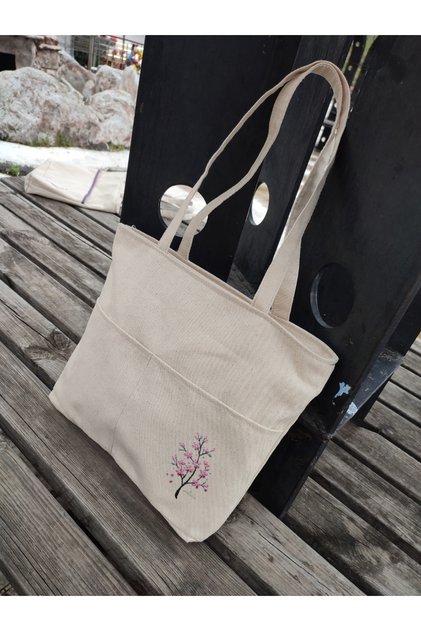 Canvas Bag, Zippered, Front Pocket, Inner Pocket Canvas Tote Bag