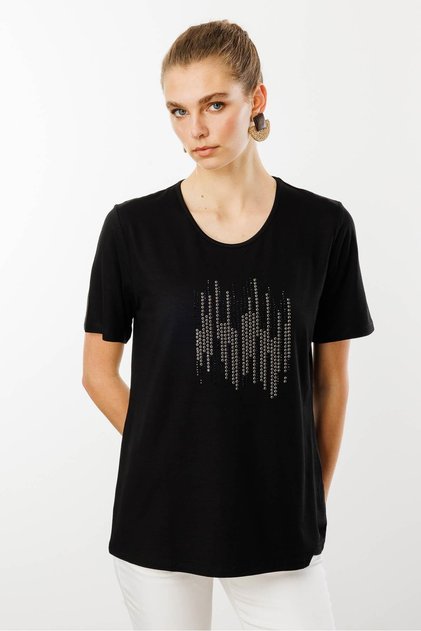 Women's Crew Neck Stone Printed Combed Cotton T-Shirt Black