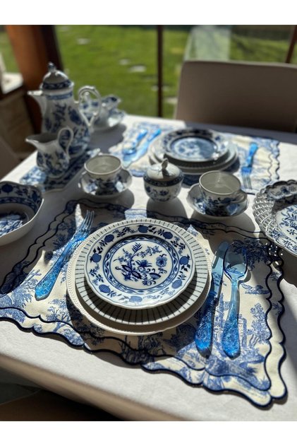 Toile De Jouy Pera 2'li Amerikan Servis Mavi