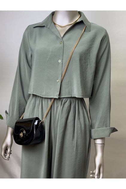 Women's Khaki Double Crop Shirt Pants Bottom Top Set