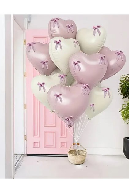 Pink Beige Heart Foil Balloon Set with Bow 10 Pcs