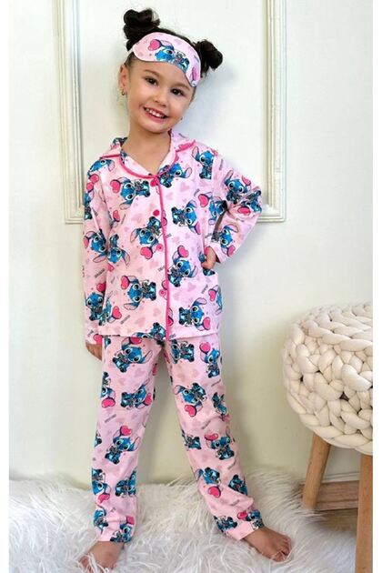 Pjkö Stitch Patterned Pink Long Sleeve Front Buttoned Girl's Pajamas Set 4-12 Years 719U