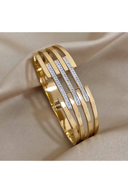 Gold-color Greatera Chunky Inlaid Rhinestone Stainless Steel Bangles Bracelets for Women Gold Plated
