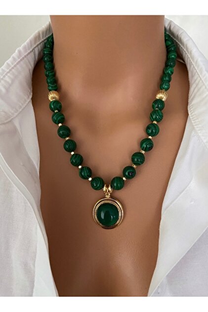 Gold Plated Natural Stone Green 10 mm Malachite Stone and Stone Pendant Women's Necklace Gift Special Occasions