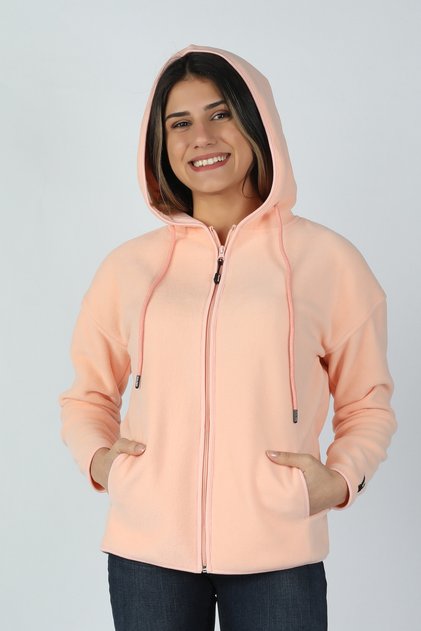 Kadın Kapüşonlu Önü Biyeli Fleto Cepli Polar Pembe