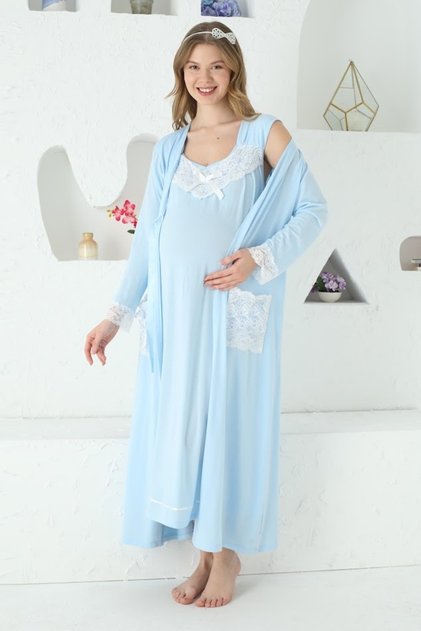 Maternity Long Sleeve Dressing Gown with Lace, Openable Button and Pocket Detail, 2-Piece Nightgown Set