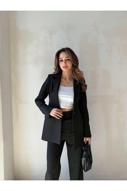 Kadın Siyah Atlas Tek Düğme Blazer Ceket - Şık ve Konforlu