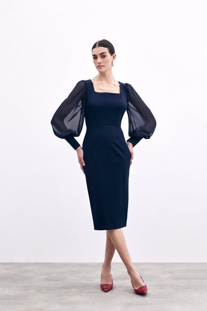Chiffon Sleeve Crepe Dress - Navy Blue