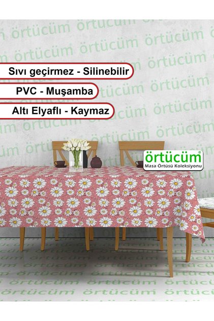 Pvc Muşamba Mutfak Masa Örtüsü Papatya Desenli Elyaflı Silinebilir Leke Tutmaz Sıvı Geçirmez Pembe