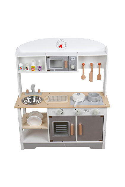 Дървена кухня за деца, Moni Toys сива, реалистичен дизайн 68x25.5x81 см, възраст 3+ години