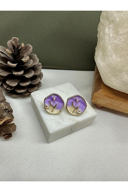 Vintage Enamel Floral Purple Color Earrings