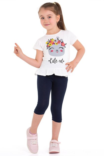 Crew Neck Cat Printed Ecru Color Girls' Tights Set
