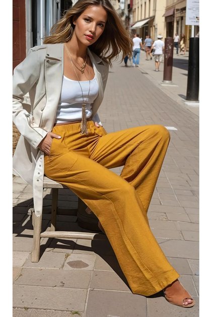 Women's Mustard Wide Leg Elastic Waist Comfortable Double Pocket Linen Textured Comfortable Trousers 2933330