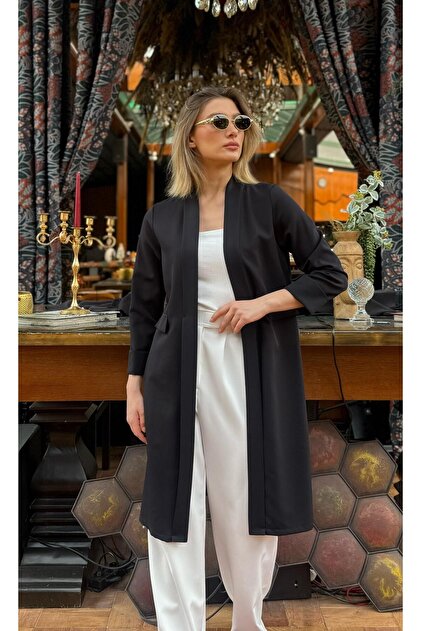 Women's Folded Sleeves Comfortable Fit Dabıl Fabric Long Jacket 9191