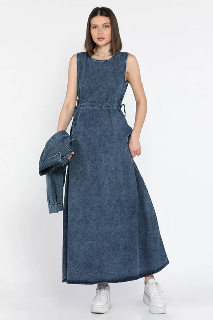 GÜLSELİ Blue Women's Waist Tied Jean Jeans Dress Jacket Double Set