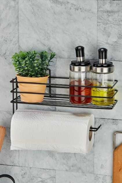 Adhesive Metal Paper Towel Holder, Black Spice Stand and Kitchen Shelf