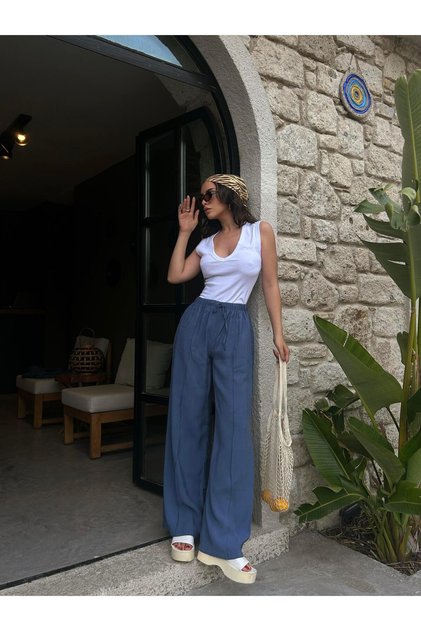 Women's Indigo 100% Modal Wide Cut Trousers with Elastic Waist and Front Stitching Detail 29109