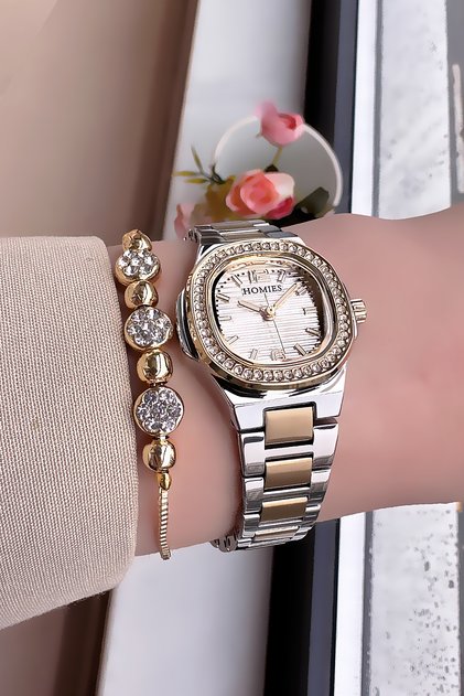 Special Boxed Stone Women's Wristwatch Waterproof Gold Silver Steel Cord Gift Bracelet Hmby2030C6