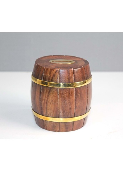 Wooden Mini Barrel Piggy Bank with Brass Detail, 10X7