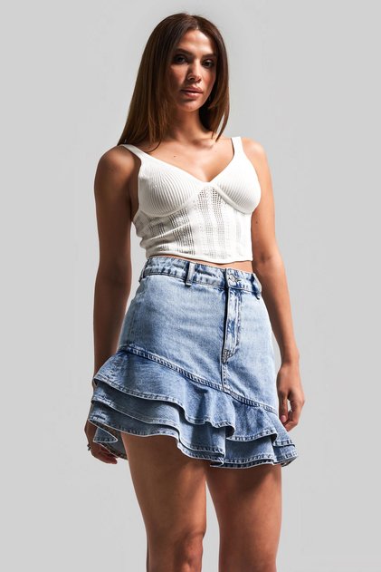 Women's Snow Denim Color 3S5-27 Ruffled 100% Cotton Design Denim Mini Skirt
