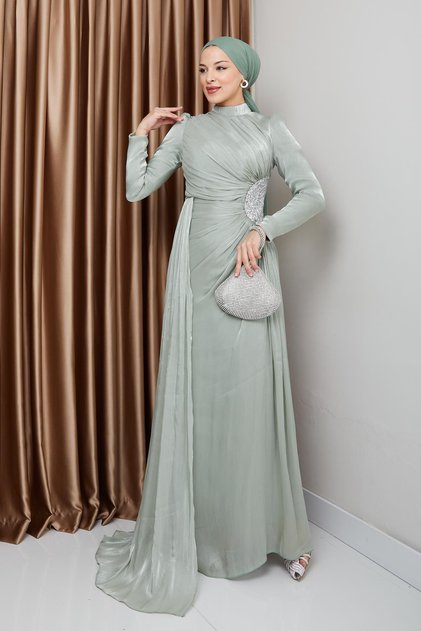 Rochie de seară Yoryo din mătase cu detaliu din piatră și șnur în talie VERDE DESCHIS 1233