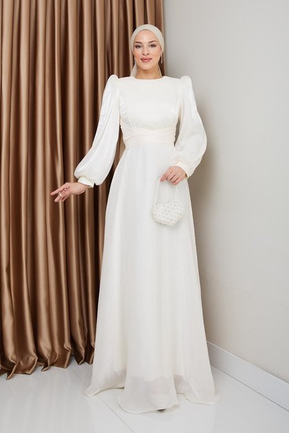 Rochie de seară Yoryo din mătase Hijab cu centură încrucișată ECRU 1238