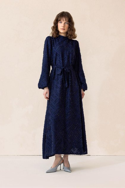 Rochie de seară hijab cu model cu ciucuri argintiu ALBASTRU ÎNCHIS 1528
